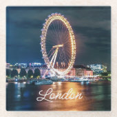 カスタム金ゴールドブルーシティスケープ夜トラベルロンドン ガラスコースター (正面)