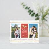 カスタム金ゴールドホリー結婚したクリスマスの写真 シーズンポストカード (スタンド正面)