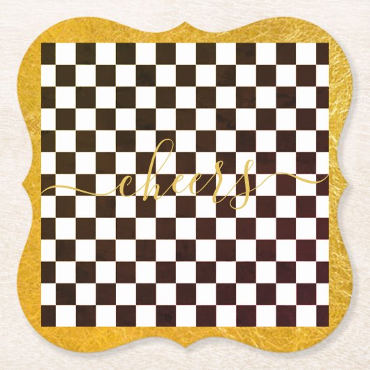 カスタム金ゴールドポリエンコートリーチェックホームデコールブラック ペーパーコースター (正面)
