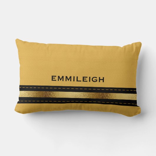 カスタム金ゴールドマスタードイエロージオメトリックブラックストライプ ランバークッション (裏面)