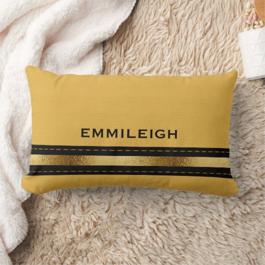 カスタム金ゴールドマスタードイエロージオメトリックブラックストライプ ランバークッション (ブランケット)