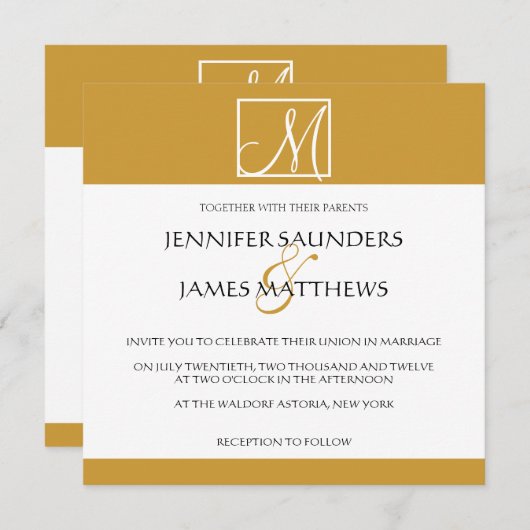 カスタム金ゴールドモノグラム結婚式招待状 招待状 (正面/裏面)
