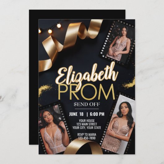 カスタム金ゴールドリボンフィルムのフォトプロム送信転が 招待状 (正面/裏面)