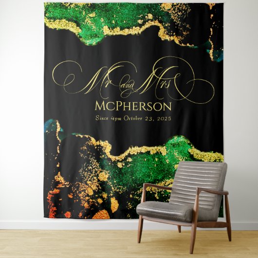カスタム金ゴールド書道グリーンブラック結婚の写真 タペストリー (インサイチュ)