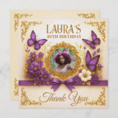 カスタム金ゴールド王室のパープルバタフライ誕生日 サンキューカード (正面/裏面)