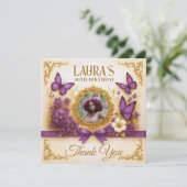 カスタム金ゴールド王室のパープルバタフライ誕生日 サンキューカード (スタンド正面)