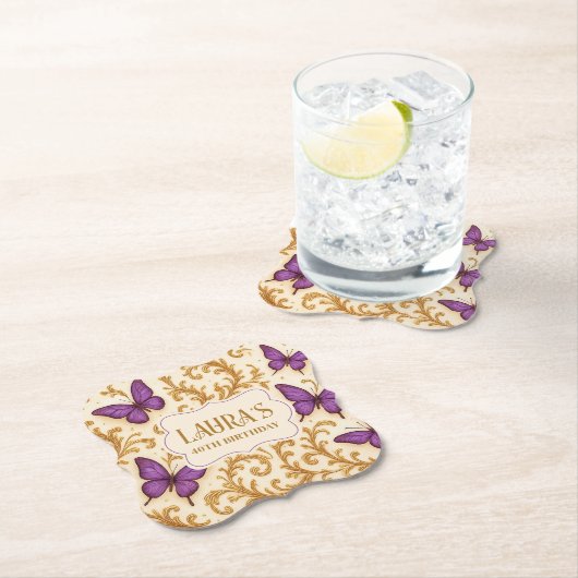 カスタム金ゴールド王室のパープルバタフライ誕生日 ペーパーコースター (インサイチュ)