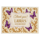 カスタム金ゴールド王室のパープルバタフライ誕生日 ラージペーパーバッグ (裏面)