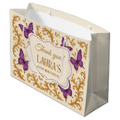 カスタム金ゴールド王室のパープルバタフライ誕生日 ラージペーパーバッグ (裏面アングル)