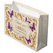 カスタム金ゴールド王室のパープルバタフライ誕生日 ラージペーパーバッグ (正面アングル)