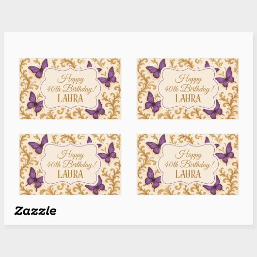 カスタム金ゴールド王室のパープルバタフライ誕生日 長方形シール (シート)