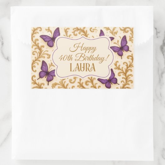 カスタム金ゴールド王室のパープルバタフライ誕生日 長方形シール (バッグ)