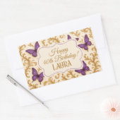 カスタム金ゴールド王室のパープルバタフライ誕生日 長方形シール (封筒)