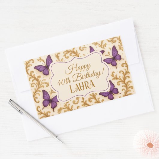 カスタム金ゴールド王室のパープルバタフライ誕生日 長方形シール (封筒)