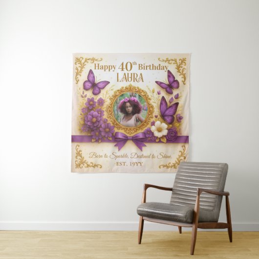 カスタム金ゴールド紫王室の蝶の誕生日パーティー タペストリー (インサイチュ)