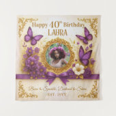 カスタム金ゴールド紫王室の蝶の誕生日パーティー タペストリー (正面)