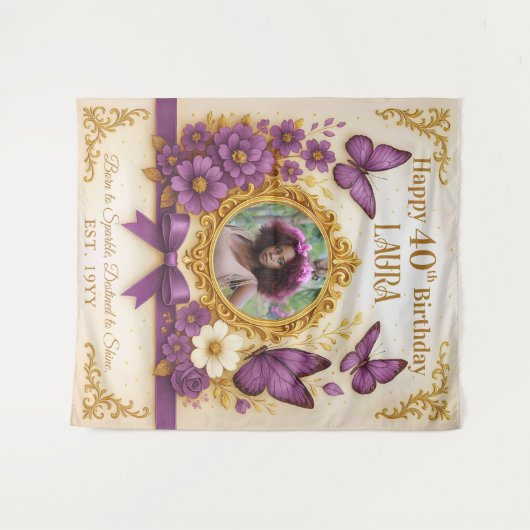 カスタム金ゴールド紫王室の蝶の誕生日パーティー タペストリー (正面(横))