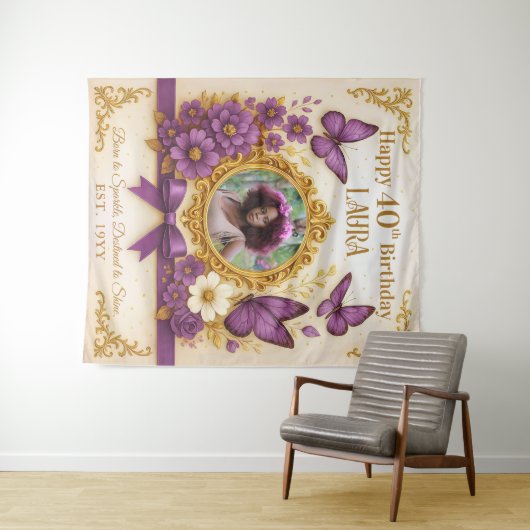 カスタム金ゴールド紫王室の蝶の誕生日パーティー タペストリー (インサイチュ(横))