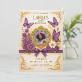 カスタム金ゴールド紫王室の蝶の誕生日パーティー 招待状 (スタンド正面)