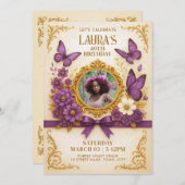 カスタム金ゴールド紫王室の蝶の誕生日パーティー 招待状 (正面/裏面)