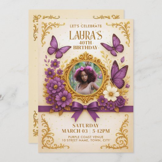 カスタム金ゴールド紫王室の蝶の誕生日パーティー 招待状 (正面/裏面)