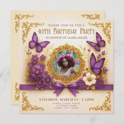カスタム金ゴールド紫王室の蝶の誕生日パーティー 招待状 (正面/裏面)