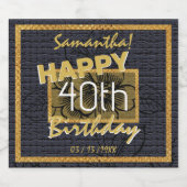 カスタム金ゴールド40th誕生日ネームブラックフローラ スパークリングワインラベル (シングルラベル)