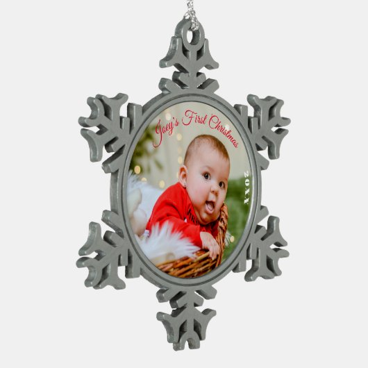 カスタム金属オーナメント、パーソナライズされた初めてのクリスマス スノーフレークピューターオーナメント (左)