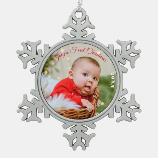 カスタム金属オーナメント、パーソナライズされた初めてのクリスマス スノーフレークピューターオーナメント (正面)