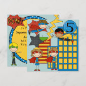 カスタム金髪少年スーパーヒーロー誕生日招待状 招待状 (正面/裏面)