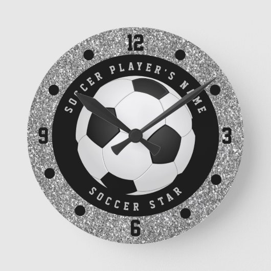 カスタム銀フェイクグリッターサッカーボールサッカー ラウンド壁時計 (正面)