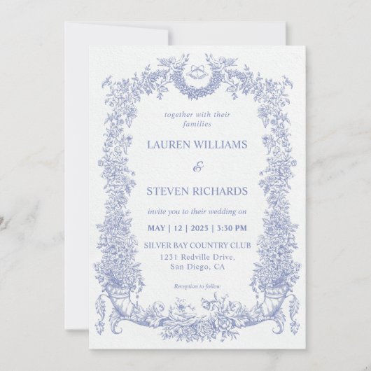 カスタム開花ホワイトライトブルーバロック結婚ズ 招待状 (正面)