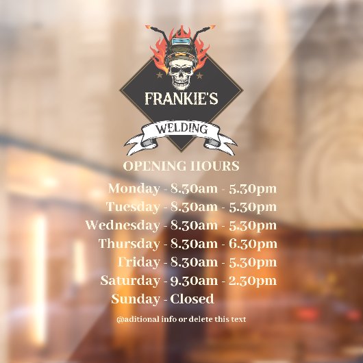 カスタム開館時間レトロ溶接ワークショップロゴ ウィンドウサイン (シート2)