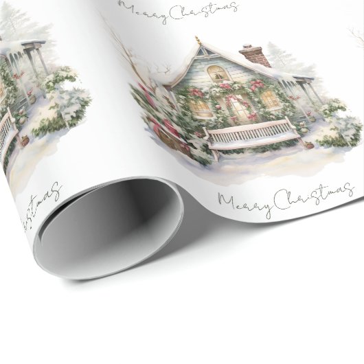 カスタム雪の冬の農場の水の色クリスマスグリーン ラッピングペーパー (ロールコーナー)