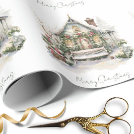 カスタム雪の冬の農場の水の色クリスマスグリーン ラッピングペーパー