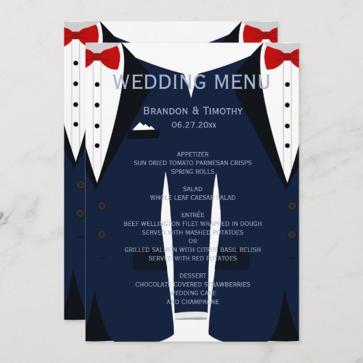 カスタム青と白のゲイ結婚のメニューカード メニュー (正面/裏面)