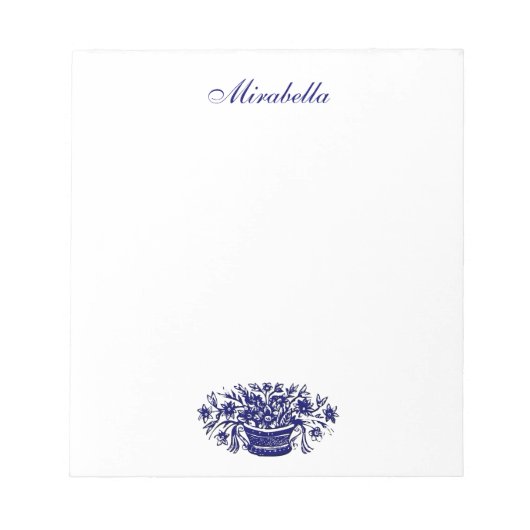 カスタム青と白の花かごメモ帳 ノートパッド (正面)