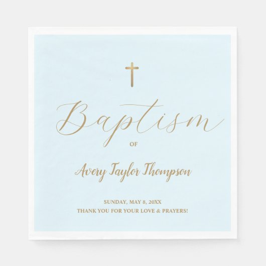カスタム青エレガント金ゴールドクロスバプティススクリプト スタンダードランチョンナプキン (正面)