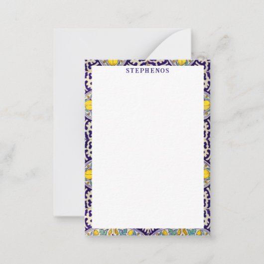 カスタム青地中海の模様黄色い花 ノートカード (正面)