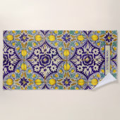 カスタム青地中海の模様黄色い花 ビーチタオル (正面)