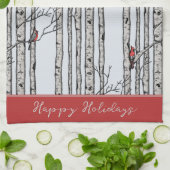 カスタム青樺の木の木と赤(鳥)ショウジョウコウカンチョウ鳥 キッチンタオル (折り畳み)