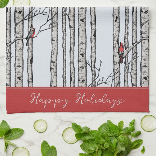 カスタム青樺の木の木と赤(鳥)ショウジョウコウカンチョウ鳥 キッチンタオル (折り畳み)