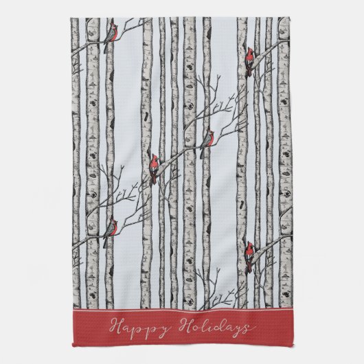 カスタム青樺の木の木と赤(鳥)ショウジョウコウカンチョウ鳥 キッチンタオル (縦)