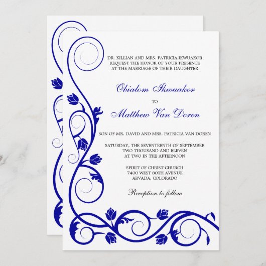 カスタム青王室の渦巻き結婚式招待状 招待状 (正面/裏面)