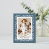 カスタム青素朴松Snow Photo Happy シーズンポストカード (スタンド正面)