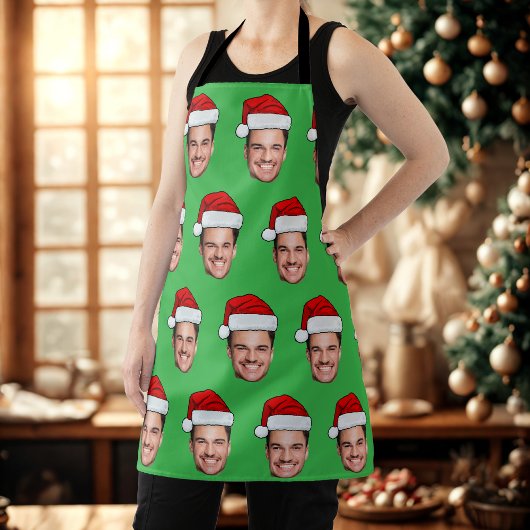 カスタム顔の写真サンタ帽子クリスマスグリーン エプロン