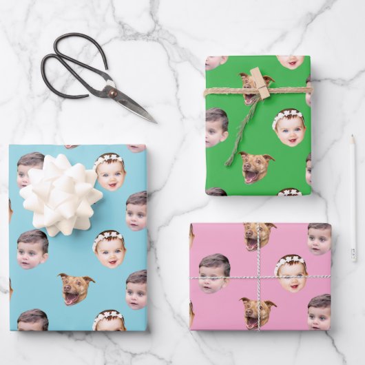 カスタム顔、家族ユニークギフト3写真顔 ラッピングペーパーシート (正面)