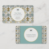 カスタム風化（紋章の）フラ・ダ・リ |アクアブルー&金ゴールド 名刺 (正面/裏面)