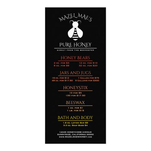 カスタム養蜂場のハチミツのビー メニュー (正面)