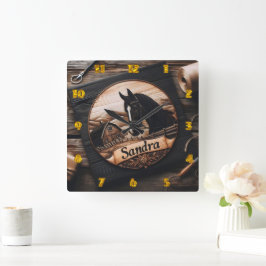 カスタム馬と納屋の木彫り スクエア壁時計